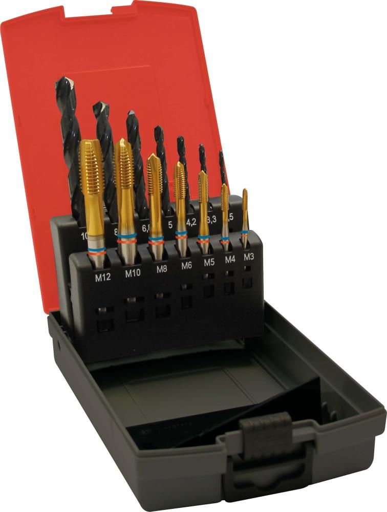 Maschinengewindebohrer- Set TANDEM DIN371 HSSE-PM TiN Typ N 6G FormB M3-M12+Kernlochbohrer