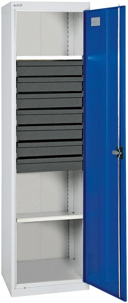 Werkzeugschrank B500xT500xH1800 mm RAL 7035/5010 7 Schubladen, 2 Wannen