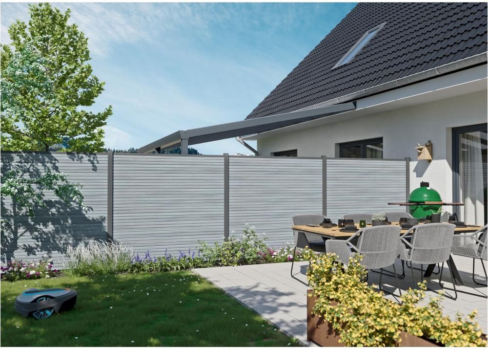 WAREN-Serie, 175x180cm SMOKE WHITE silber oder anthrazit WPC-Steckzaun-Set