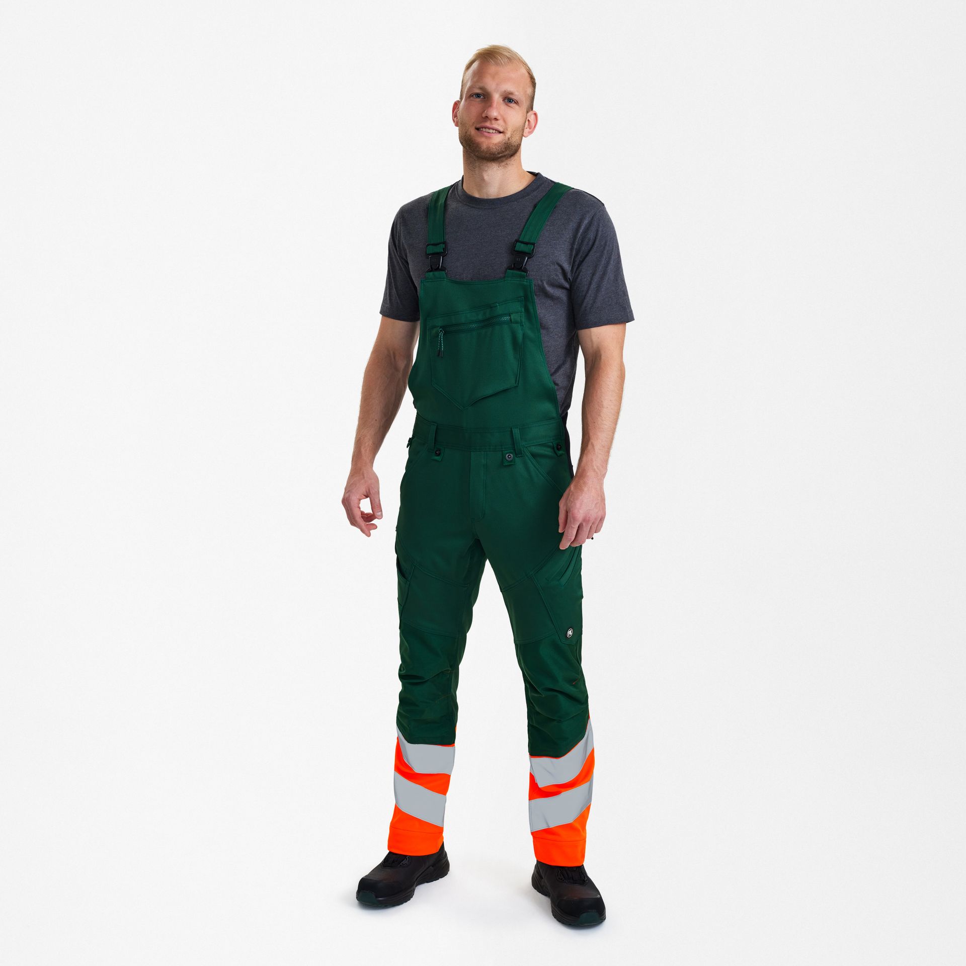 Safety Latzhose mit 2-Wege-Stretch Grün/Orange, Gr. 42