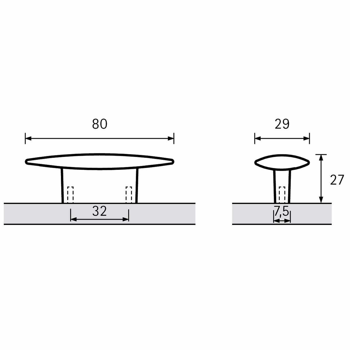 Griff Meduno, Bohrabstand 32, L 80 mm, B 29 mm, H