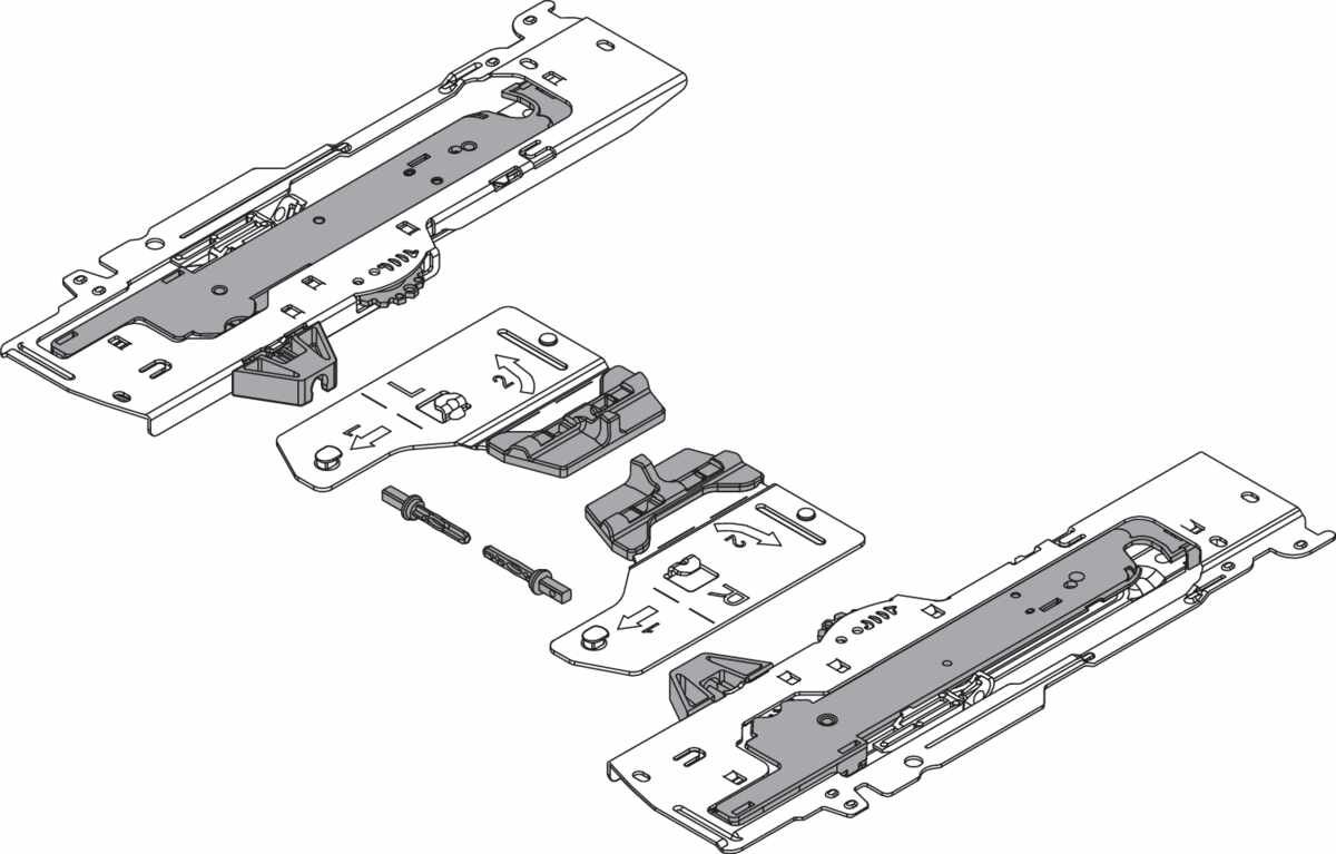 Set (TIP-ON BLUMOTION Einheit + Mitnehmer + Adapter), für TANDEMBOX, Typ L3, NL=350-600 mm, Gesamtgewicht des Auszugs=15-30 kg, links/rechts, R7037 staubgrau
