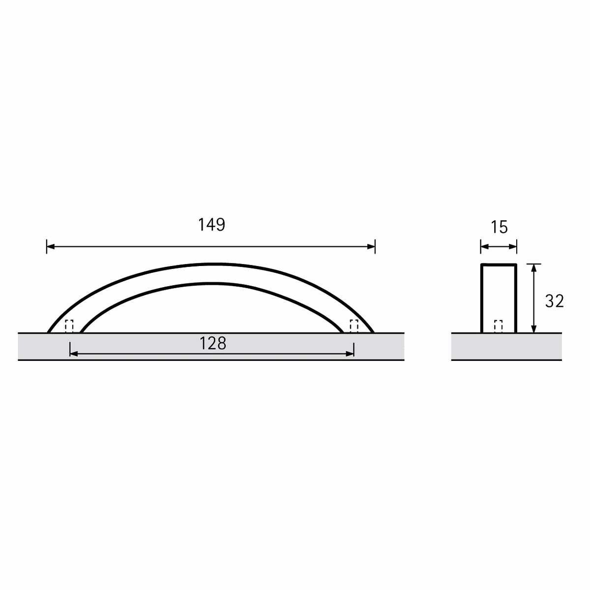 Griff Balmo, Bohrabstand 128, L 149 mm, B 15 mm, H
