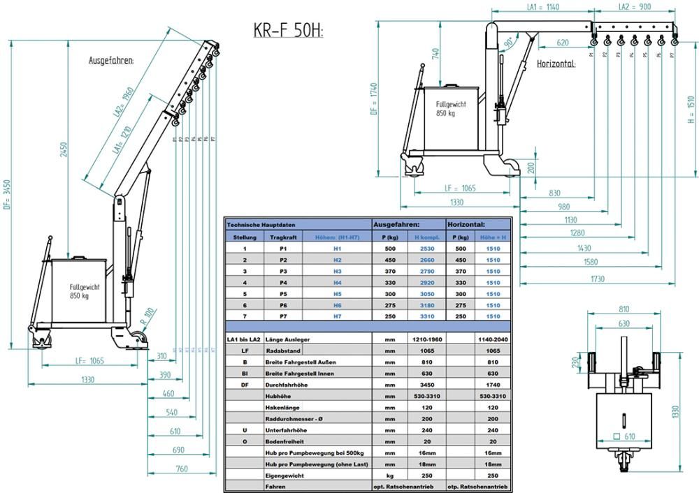 Werkstattkran freitragend Traglast 500kg RAL 5002