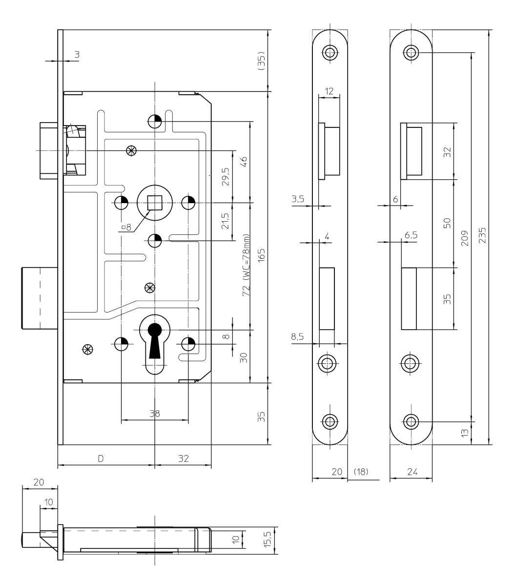 KFV WC-Schloss 113-1/2 F20 55/78/8 Nirosta matt gebürstet links 3101695