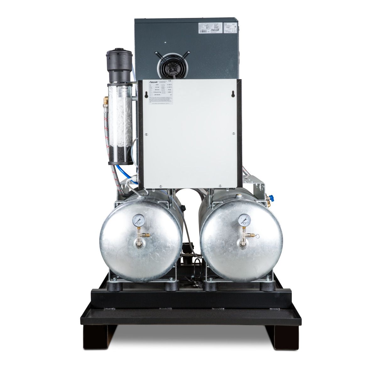 Druckluft-Zentrale mit 2x100 l Behälter, Kältetrockner, automatischem Kondensatableiter, Vorfilter und Kondensataufbereiter zur Ölwasser-Trennung Airc