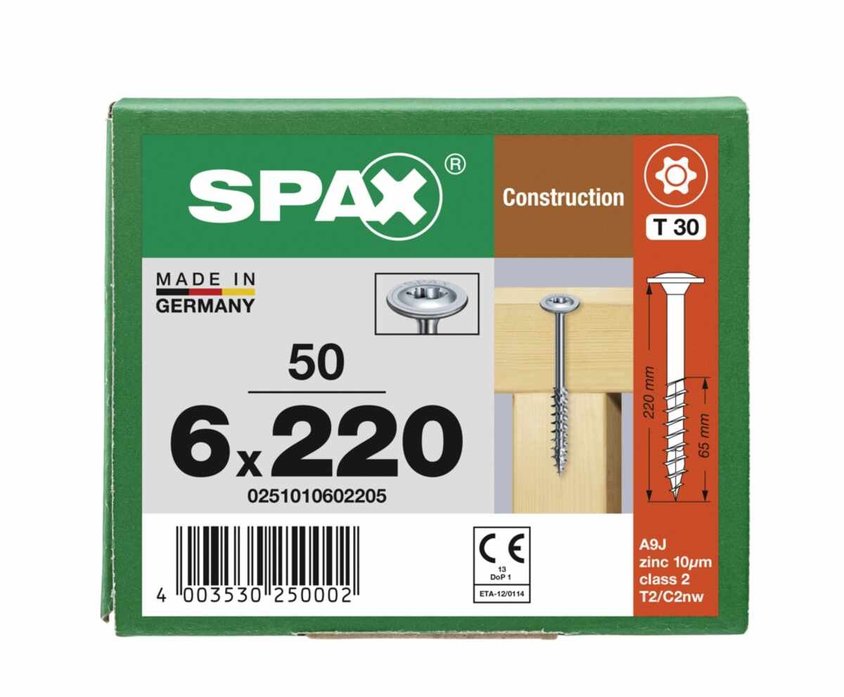 SPAX Holzbau Tellerkopf, 6 x 220 mm, 50 Stück, Teilgewinde, T-STAR plus T30, 4CUT, WIROX - 0251010602205