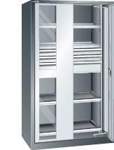 Einschwenktürenschrank B1100xT641xH1950mm RAL 7035,Sichtfenstertür 4 Böden,3 Schubladen