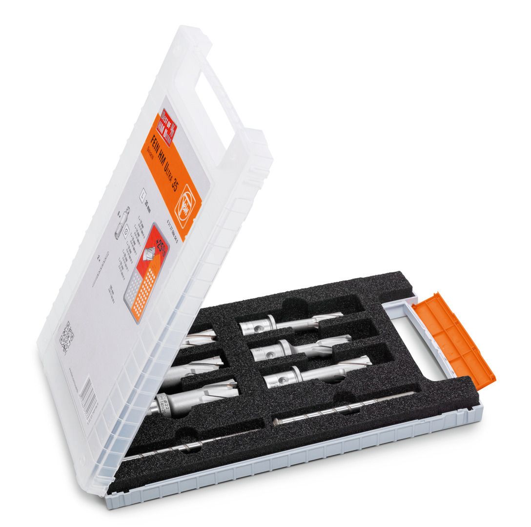 Kernbohrer-Set HM Ultra QuickIn 35 mm Fein je 1x Ø 12/14/16/18/20/22u. 2 Zentrierstifte 105mm
