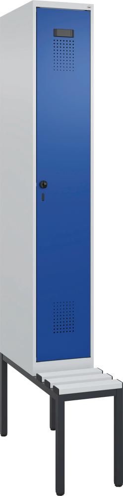 Garderobenschrank EVOLO mit U.-Bank, KST-Leisten RAL 7035/5010, 1 Abteil B300xT500xH2120mm