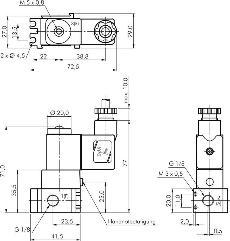 3/2-Wege Magnetventil, G 1/8" (Abluft M5), Federrückstellung (NC), 24 V=