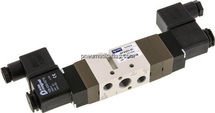 5/3-Wege Magnetventil, G 1/4" (Abluft G 1/8"), Mittelstellung geschlossen, 24 V=