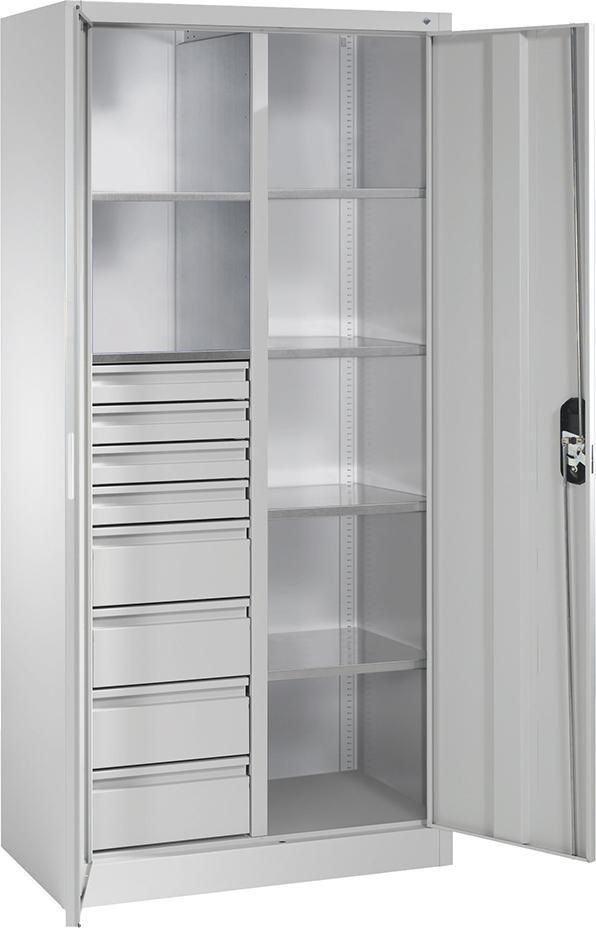 Flügeltürenschrank B930xT500xH1950 mm RAL 7035, 8 Schubladen mit Trennwand,6Fachböden