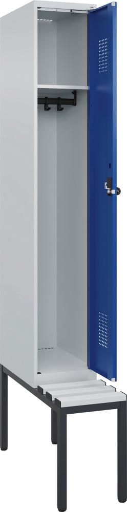 Garderobenschrank EVOLO mit U.-Bank, KST-Leisten RAL 7035/5010, 1 Abteil B300xT500xH2120mm
