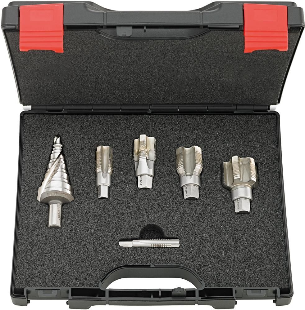 Einschnittgewindebohrer- Satz M12 bis M32 x1,5 mitStufenbohrer 7-32,5mm FORMAT