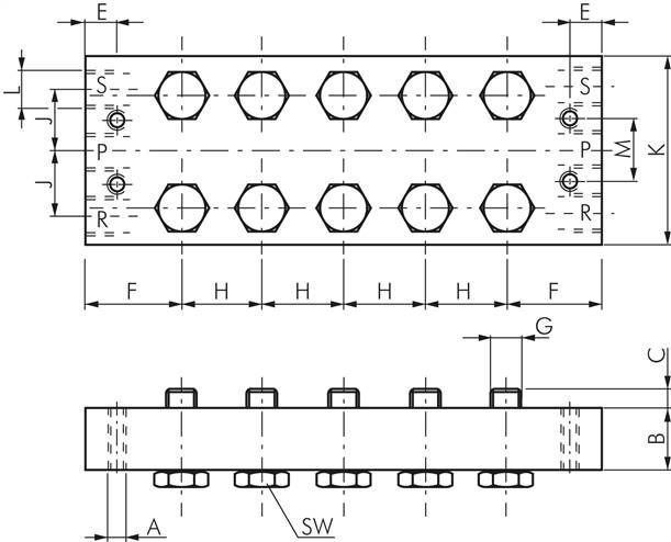 P-R-S-Leiste inkl. Hohlschrauben und Dichtungen für Ventilbaureihe M05 / P05