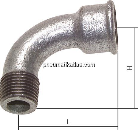 90°-Bogen Rp 1/4"(IG)-R 1/4"(AG), Temperguss verzinkt