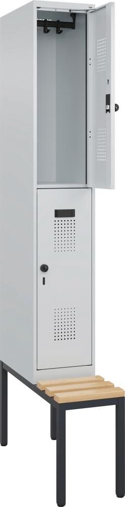 Doppelst. Schrank EVOLO mit untergeb. Sitzbank RAL7035/7035, 1x2Abteile B300xT500xH2120mm