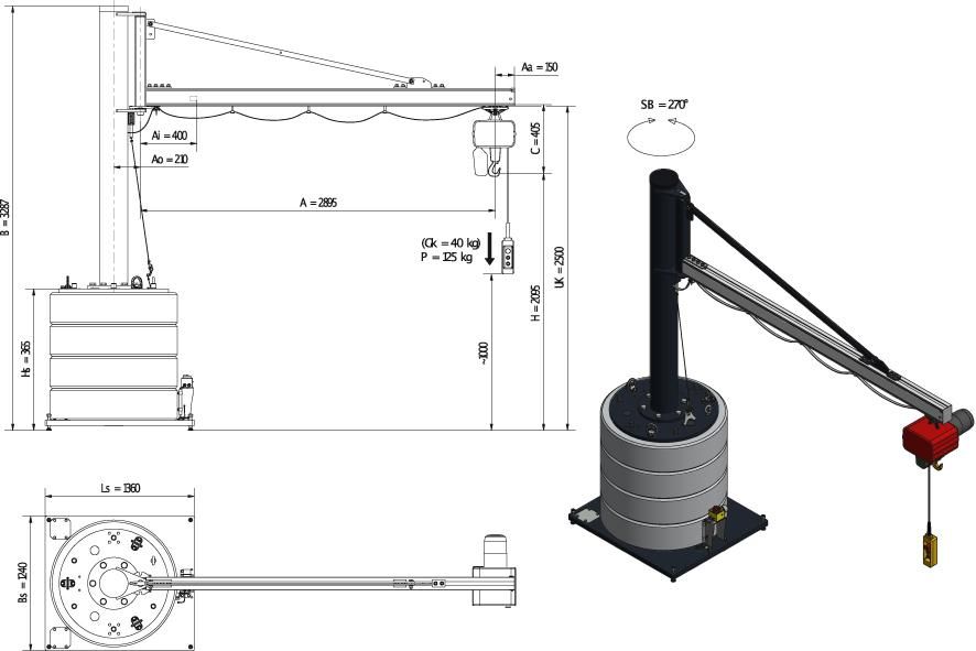 Mobiler Säulenschwenkkran125kg,2,9m,270 MOBILUS+Elektrokettenzug MOB12-US1,25-2,9