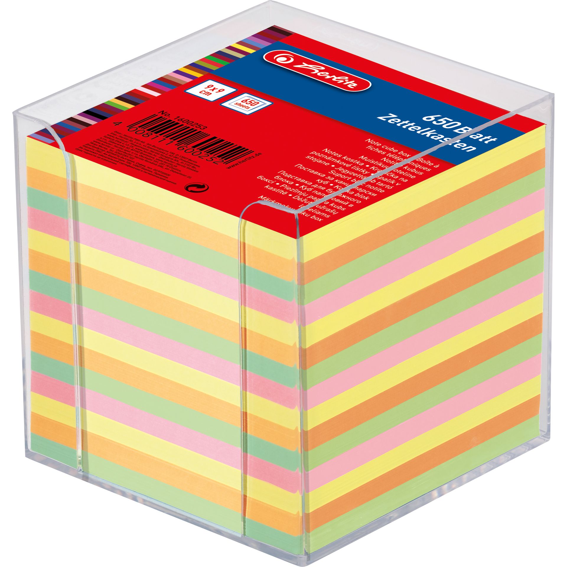 Zettelbox 9x9x9cm transparent +650Bl. farbig
