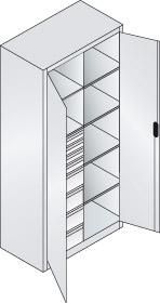 Flügeltürenschrank B930xT500xH1950 mm RAL 7035, 8 Schubladen mit Trennwand,6Fachböden