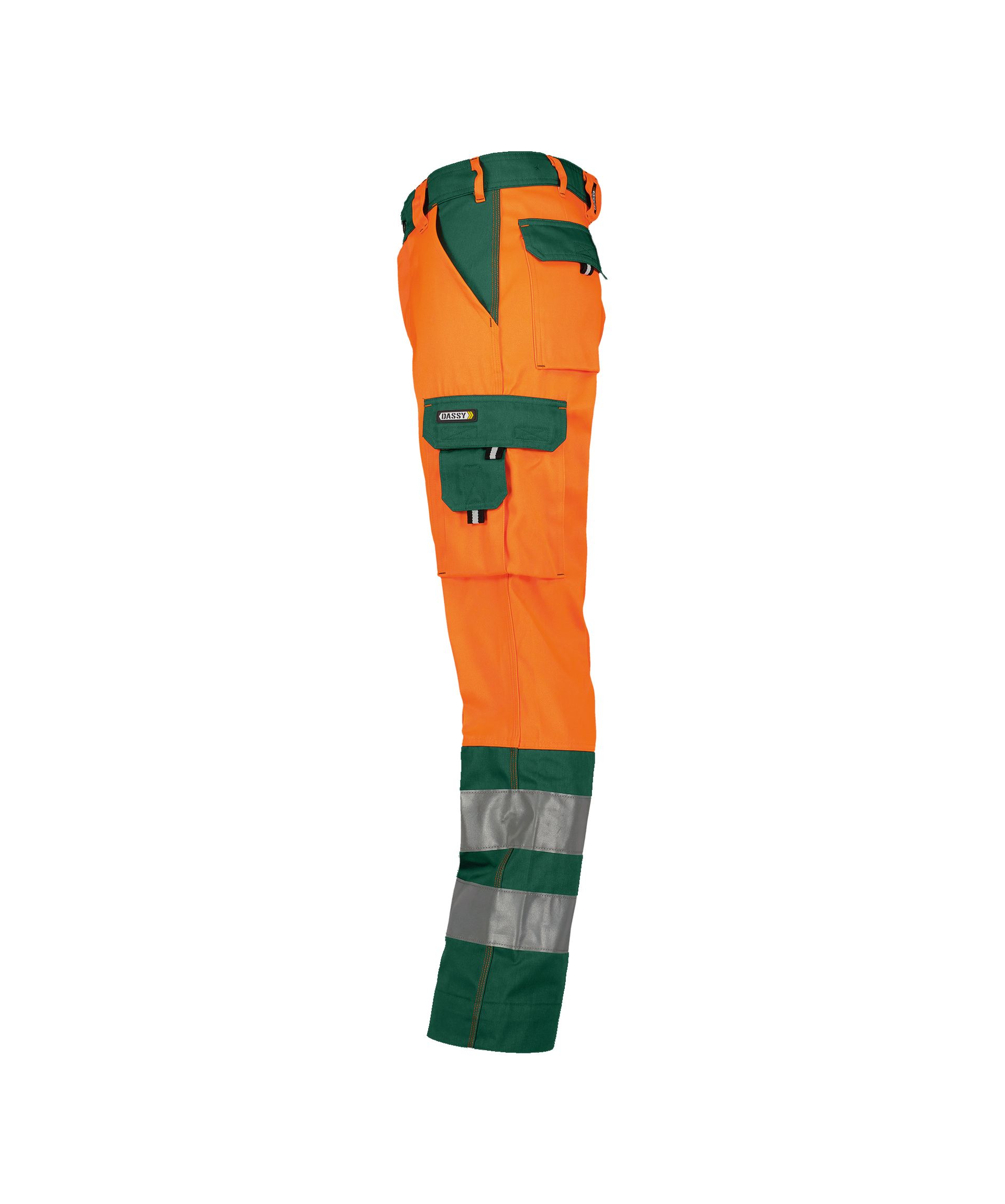 DASSY Lancaster Warnschutz-Arbeitshose, Neonorange/Flaschengrün, Gr. 54 Lang, 245 g/m²