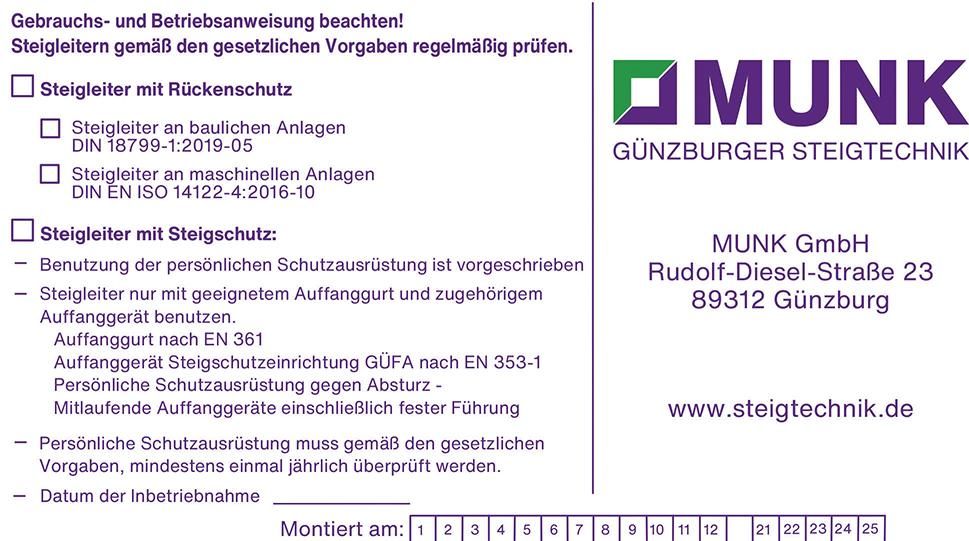Kennzeichnungsschild für Fallschutzeinrichtung