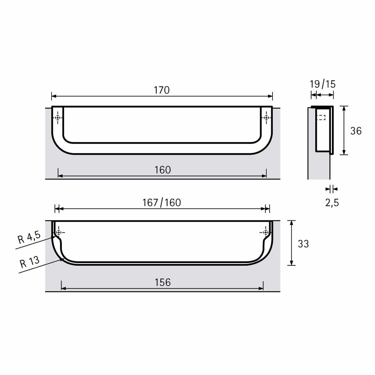 Einsetzgriff Athena, Bohrabstand 160, L 170 mm, B