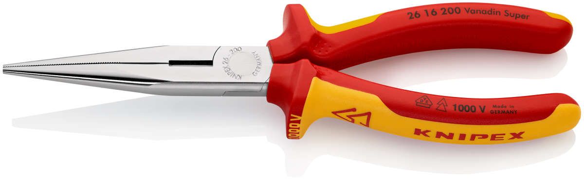 KNIPEX 26 16 200 Flachrundzange mit Schneide (Storchschnabelzange) isoliert mit Mehrkomponenten-Hüllen, VDE-geprüft verchromt 200 mm