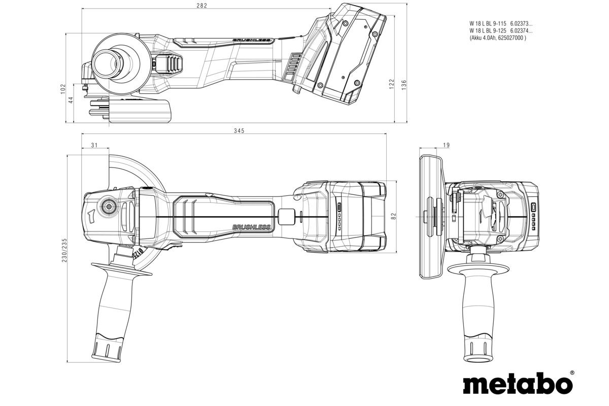 Akku-Winkelschleifer soloW 18 L BL 9-125 Metabo ohne Akku ohne Ladegerät metaBOX