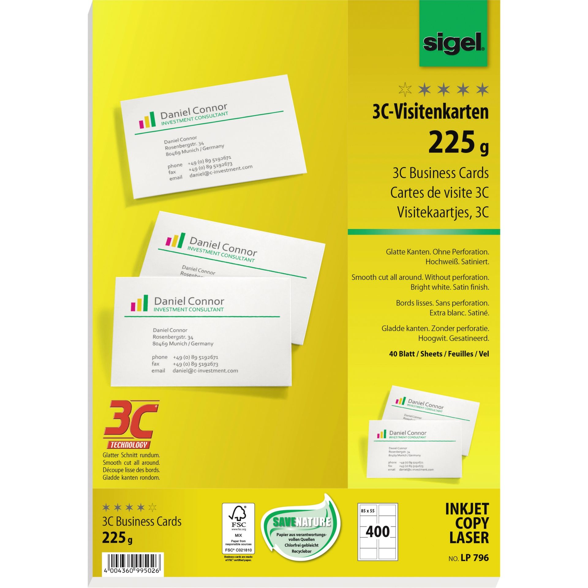 Visitenkarte 3C 85x55mm 225g weiß 400 St./Pack.