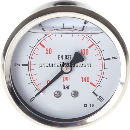 Glycerin-Manometer waagerecht (CrNi/Ms),63mm, -1 bis 0bar