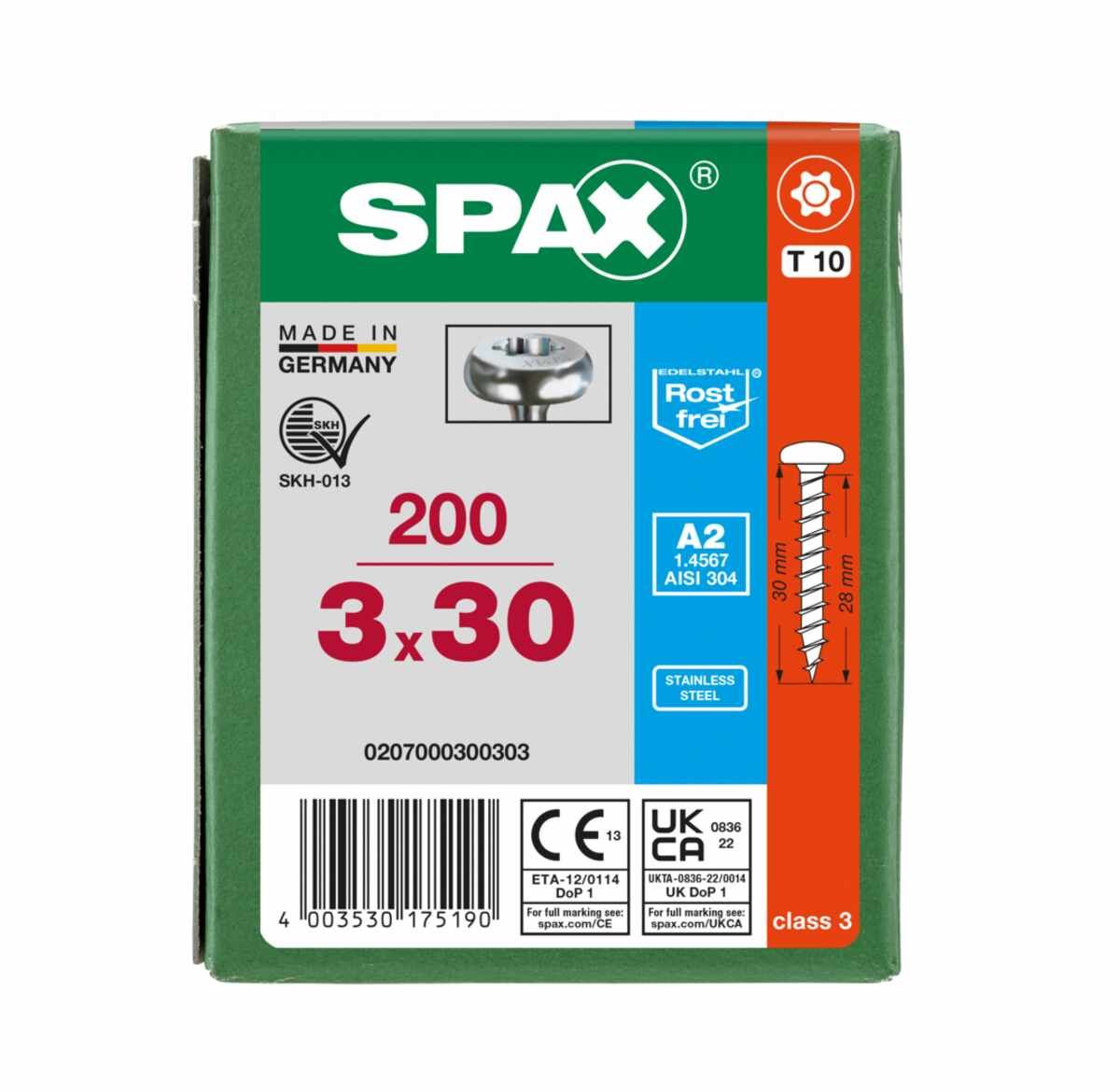 Spax Schr. P.Head Torx/A2 3,0X30 Vpe200