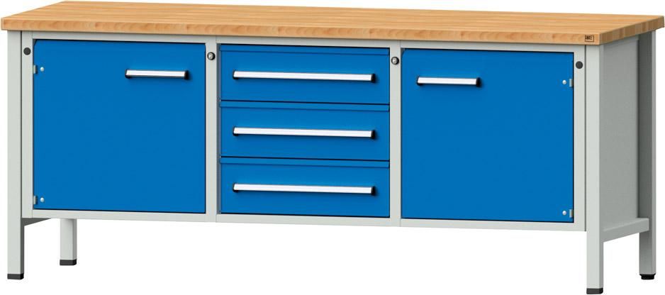Anke Kastenwerkbank B2000xT700xH840mm RAL7035/5012 BMP: 40 mm 3 Schubladen, 2 Türen