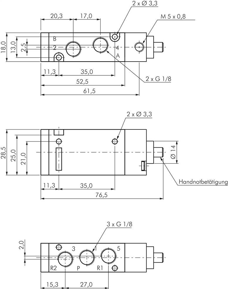 5/2-Wege Pneumatikventil, G 1/8" (Pilot M5), Federrückstellung