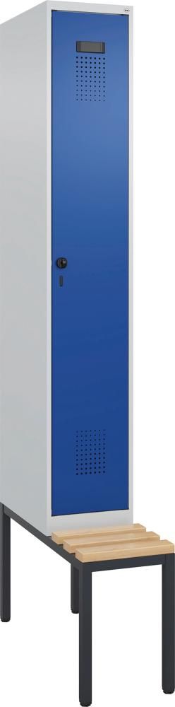 Garderobenschrank EVOLO mit untergeb. Sitzbank RAL 7035/5010, 1 Abteil B300xT500xH2120mm