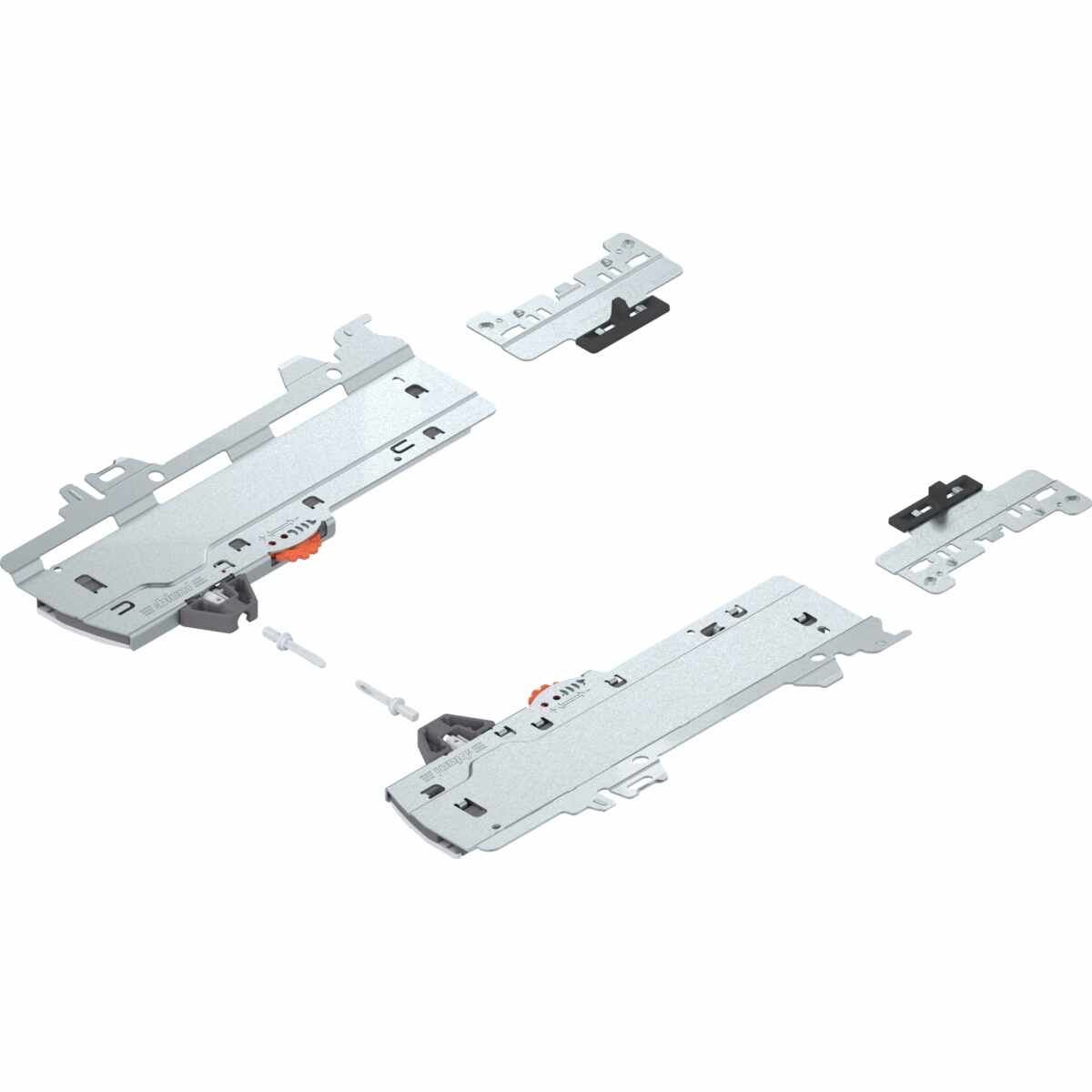 Set (TIP-ON BLUMOTION Einheit + Mitnehmer + Adapter), für MERIVOBOX, Typ L1, NL=350-600 mm, Gesamtgewicht des Auszugs=0-20 kg, links/rechts, R7035 lichtgrau