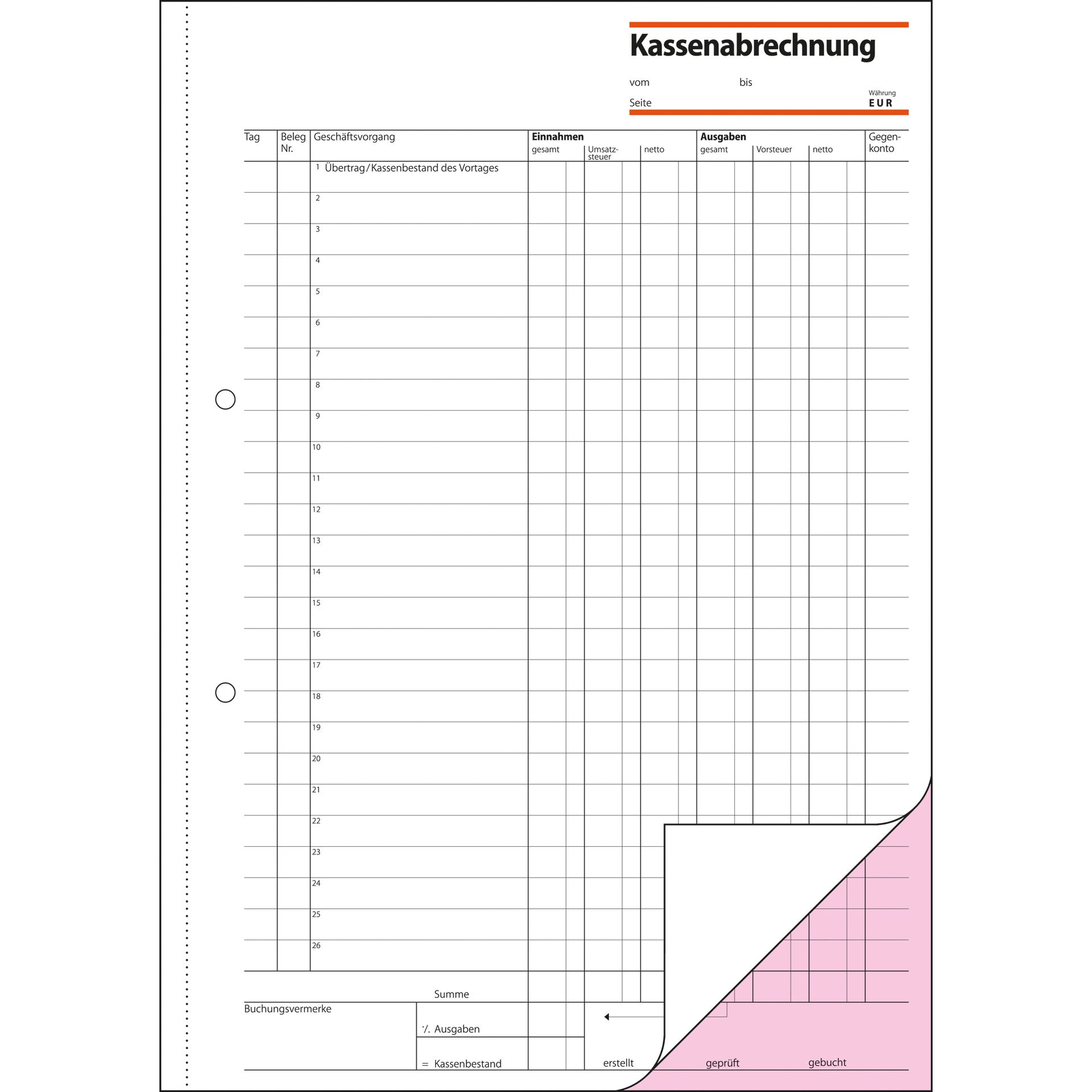 Kassenabrechnung DIN A4 2x50Blatt