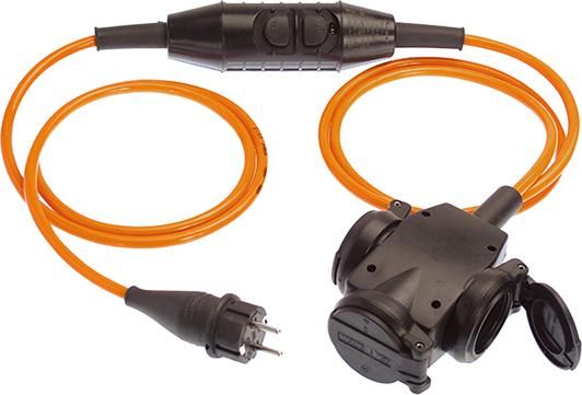 Verlängerung, PRCD-S, 3m Kabel H07BQ-F3G2,5 orangeIP 44, 3-Wege-Kupplung mit Schutzkappen