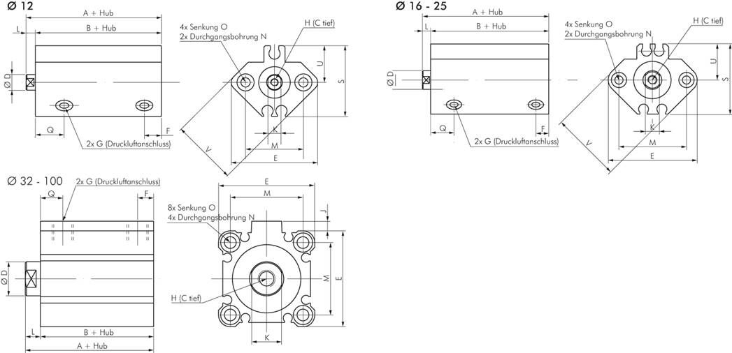 Kompaktzylinder, doppeltwirkend, Kolben 12mm, Hub 5mm