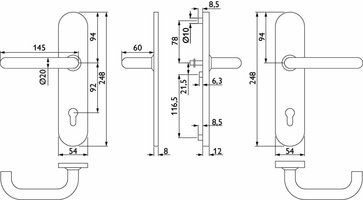 HT-EN2-Schutz-Drückergarnitur 1801 BASIC 01 - mit Langschild 2091 SH - Ausf.: PZ 92 mm, Türstärke 60 - 80 mm