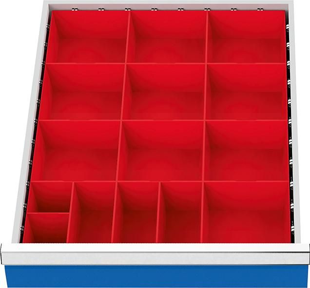 Kleinteilekästen Set 15-teilig rot Blendenhöhe 50 mm B450xT600xH28mm