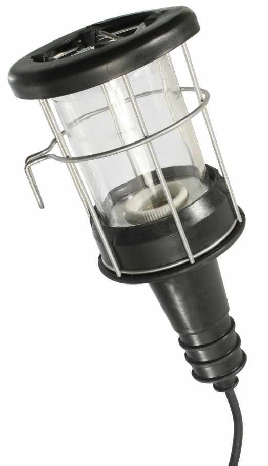 Gummihandleuchte für E27, bis max. 100W 5m Gummikabel, Schutzglas m. Gitter u. Haken, IP20