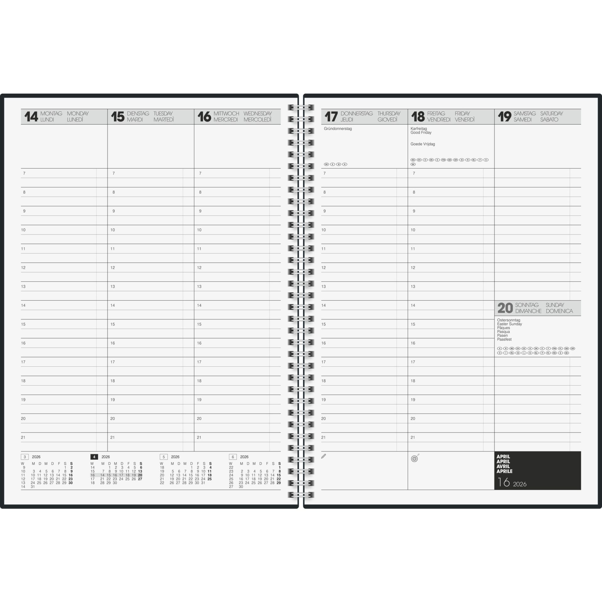 Buchkalender A4 1W/2S Wire-O sw