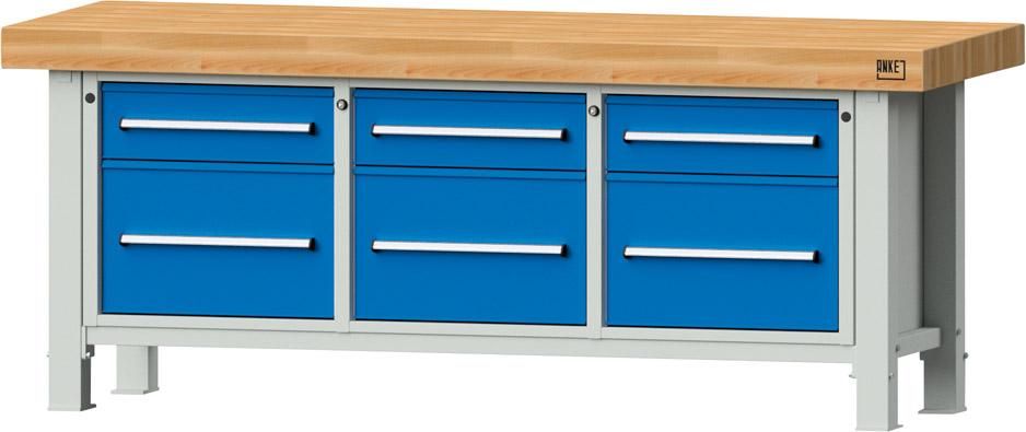 Anke Schwerlastwerkbank B2250xT800xH900mm RAL7035/5012 BMP: 100 mm 6 Schubladen