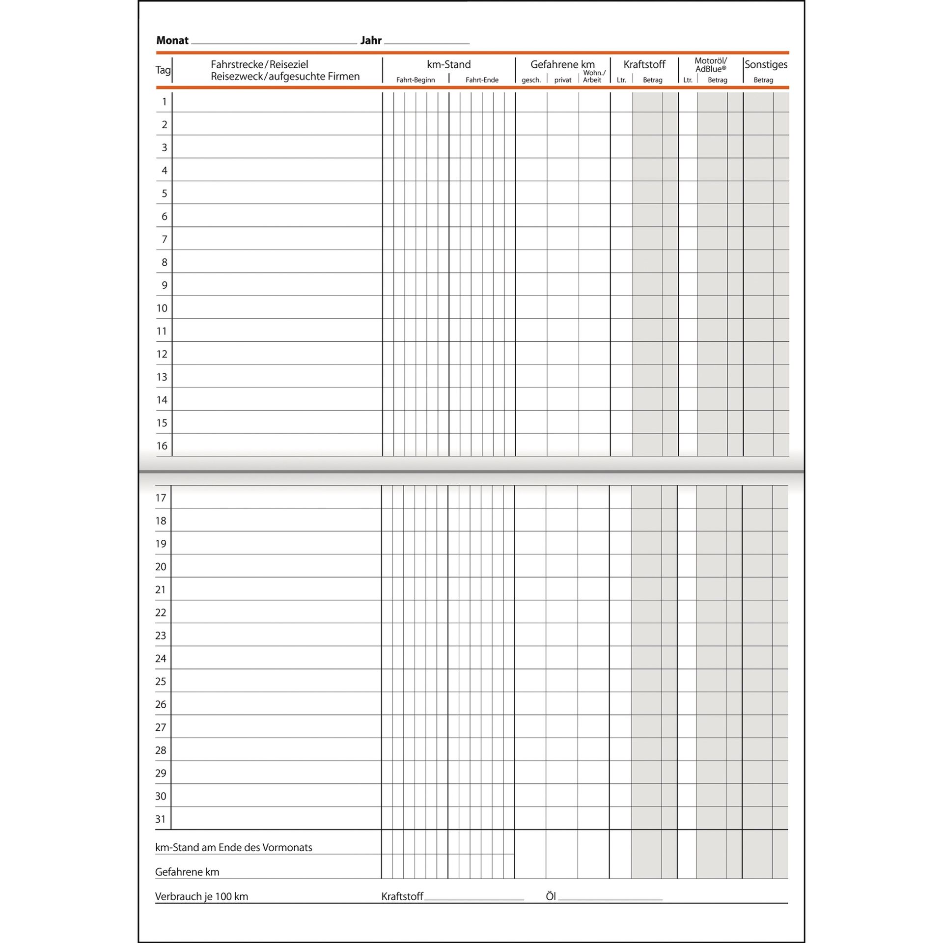 Fahrtenbuch DIN A5 für PKW/LKW 32Blatt