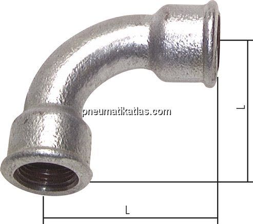 90°-Bogen Rp 1/4" (IG), lang Typ 2/G1, Temperguss verzinkt