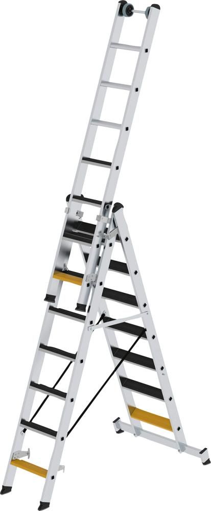 MUNK Alu-Mehrzweckleiter 3-tlg. mit Traverse+Aufl-age clip-Step R13 3x7 St-ufen Arbeitsh. 6,10m