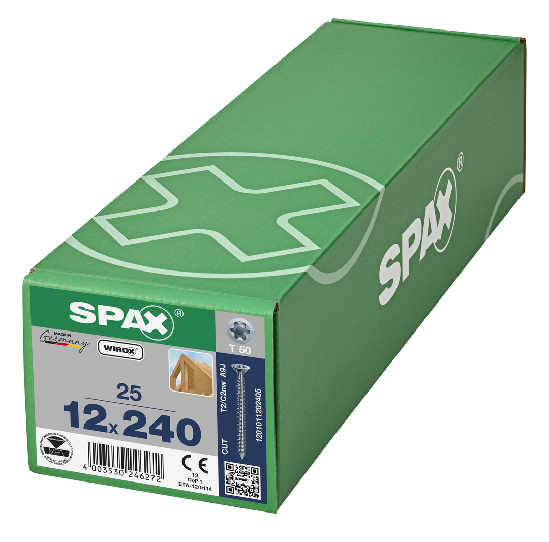 SPAX Holzbauschraube, 12 x 240 mm, 25 Stück, Vollgewinde, Senkkopf, T-STAR plus T50, CUT-Spitze, WIROX - 1201011202405