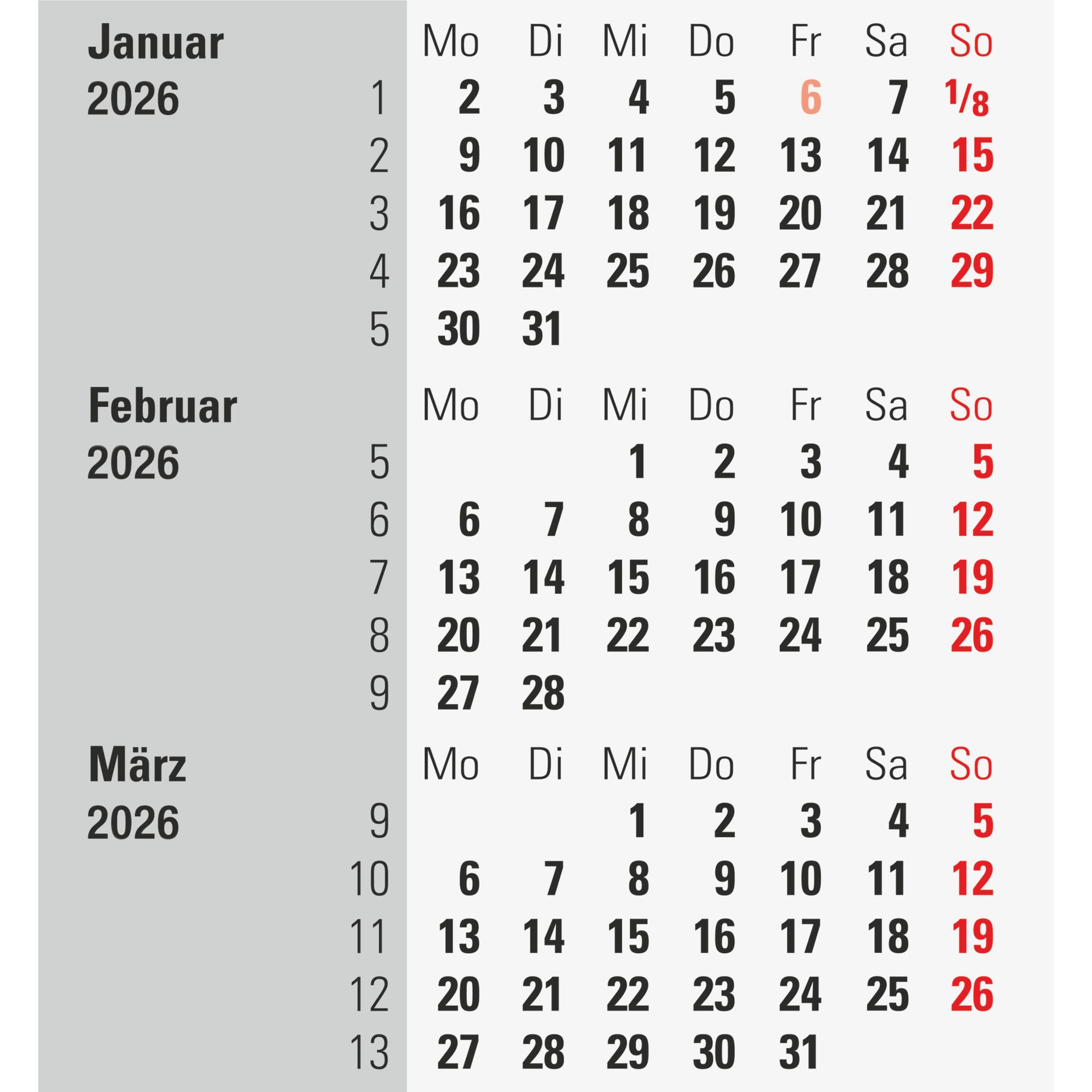 Tischkalender 11x18,3cm 3M/1S sw/s